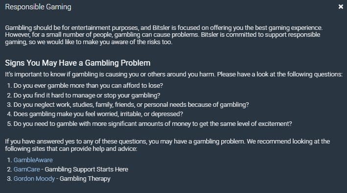 Bitsler Casino jeu responsable